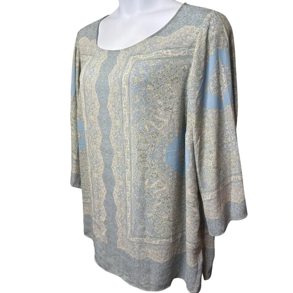 ROSE + OLIVE Blue Paisley Scarf Print Peasant Tunic Blouse 3X Boho-Chic Flowy